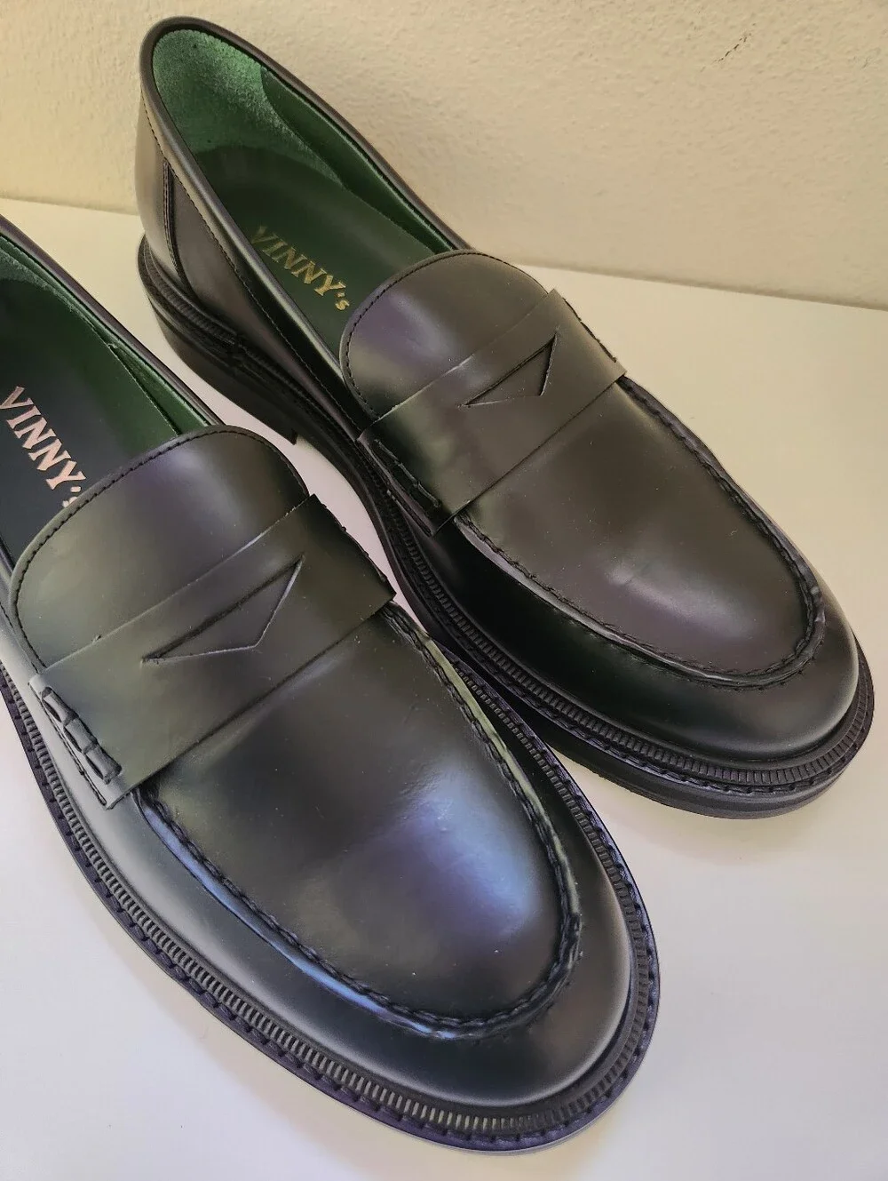 Vinnys Richee Black Leather Penny Loafers Mens NWT Designer Dress Shoes EU 44